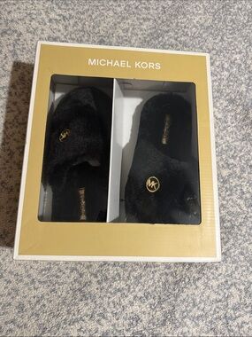 Michael Kors Black Faux Fur Slides with Gold MK Emblem